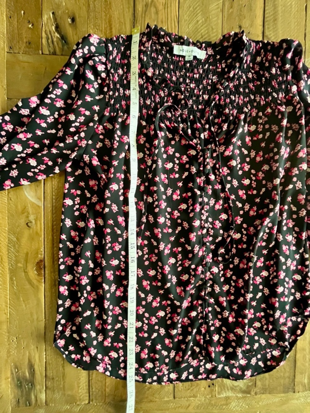 Rose & Olive Floral Smocked Peasant Blouse Cottagecore Boho Black Pink - Picture 8 of 14